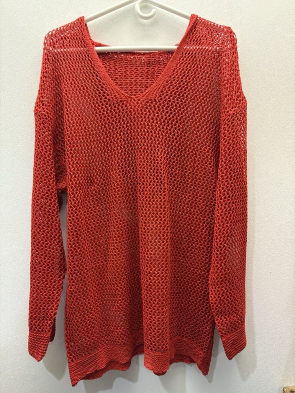 Women's Crochet Knit Orange Sweater XL Boho Pullover Hoodie Long Sleeve Drop